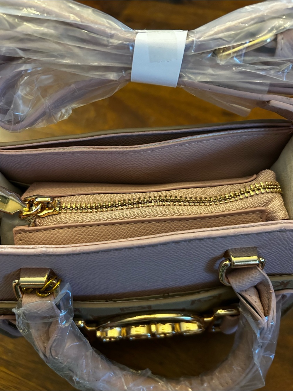 bebe Almond & Powder Pink Mini Satchel w/Gold Hardware Logo & Crossbody Strap - Picture 3 of 9